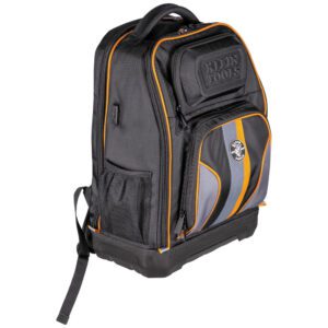 Durable black backpack with orange accents