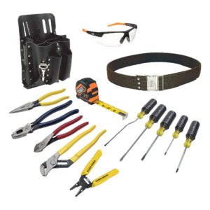 Tool set with belt, goggles, and pouch.