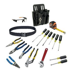 Assorted hand tools with tool belt and pouch.