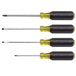 Four Klein Tools screwdrivers with yellow handles