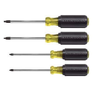 Four Klein Tools yellow-handled Phillips screwdrivers