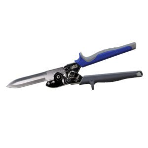Metal cutting aviation snips with blue handles.