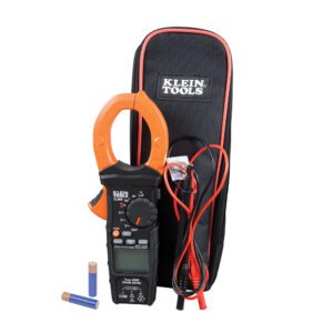 Clamp meter with case and accessories.