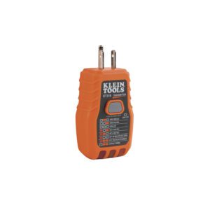Orange electrical outlet tester with label.