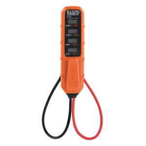Orange voltage tester with black and red wires.