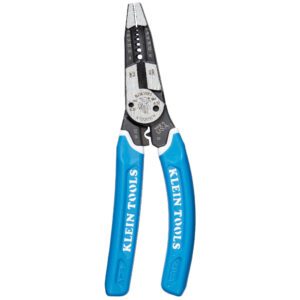 Blue-handled wire stripper with Klein Tools branding.