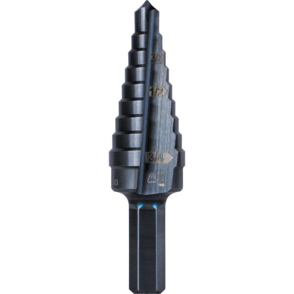 9-Step Drill Bit, 3/8-Inch Hex, Double Straight Flute, 1/4-Inch to 3/4-Inch