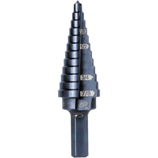 12-Step Drill Bit, 3/8-Inch Hex, Double Straight Flute, 3/16-Inch to 7/8-Inch