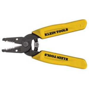 Yellow-handled wire stripper tool by Klein Tools.