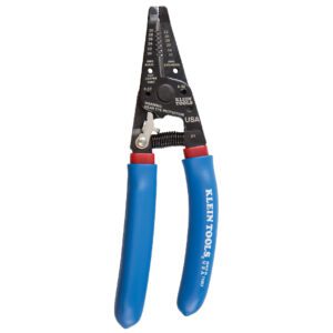 Wire stripper with blue rubber handles.