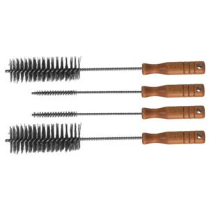 Four wire brushes with wooden handles.