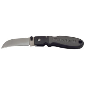 Folding knife with black handle, partially open.