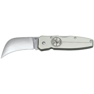 Silver folding knife with curved blade.