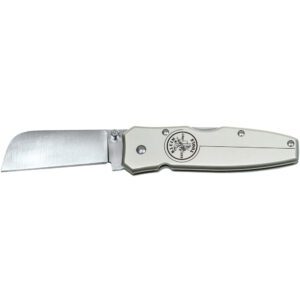 Folding knife with metallic handle and blade.