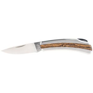 Folding knife with wooden handle design.