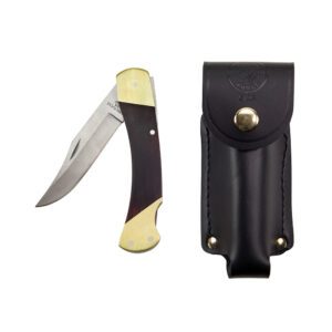 Folding knife with leather sheath.