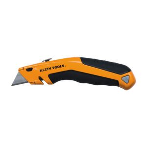 Orange and black utility knife, blade extended.