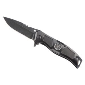 Black folding knife with serrated edge.
