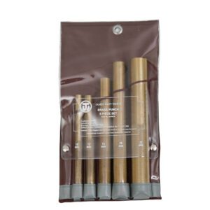 Brass punch set in plastic packaging.