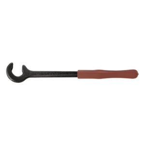 Curved wrench with red handle.