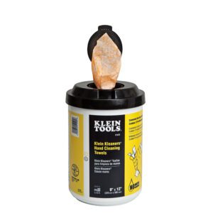 Klein Tools hand cleaning towels container.