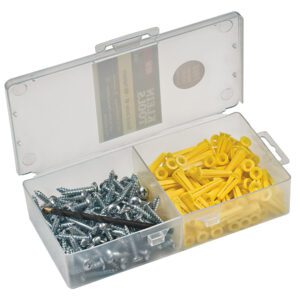 Box with screws and yellow wall plugs.