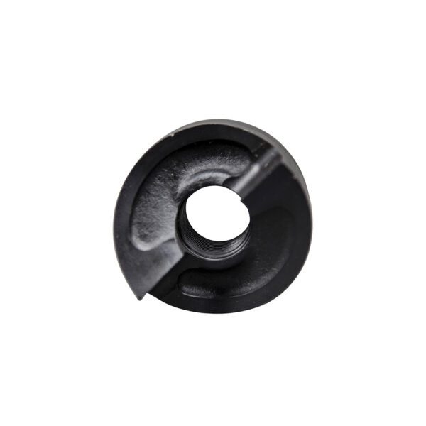 Black metal mechanical part with a threaded hole.