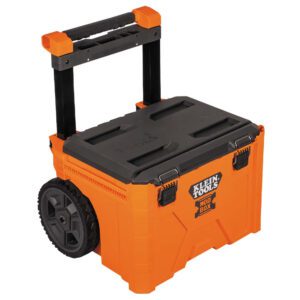 Orange rolling toolbox with black handle.