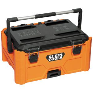 Orange and black Klein Tools storage box.