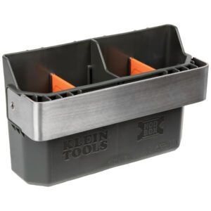 Tool organizer with metal handle, dual compartments.