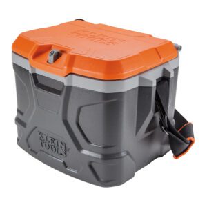 Klein Tools insulated cooler with orange lid.