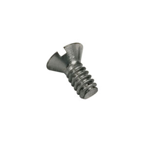 Metal screw with flat head on white.