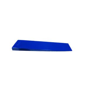 Blue rubber doorstop wedge on white background.