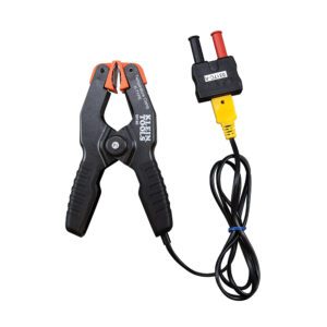Black electrical test clamp with cables.