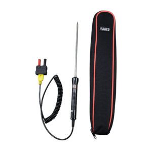 Temperature probe with coiled cable and case.