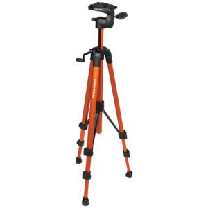 Orange camera tripod with adjustable legs.