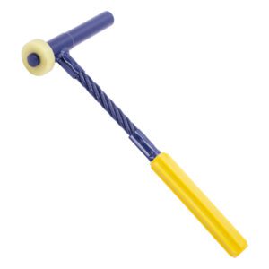 Toy hammer with yellow handle and wheel.