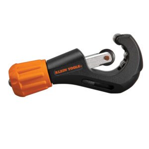 Pipe cutter with orange handle, black body.