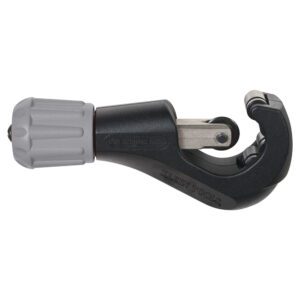 Pipe cutter tool with gray handle.