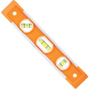 Orange spirit level with three bubble vials.