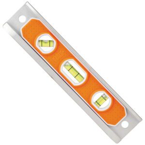 Orange and silver bubble level tool.