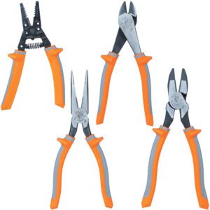 Set of four orange-handled pliers.