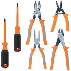 Set of pliers and screwdrivers, orange handles.