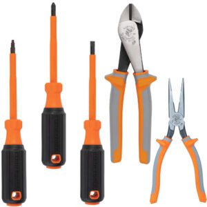 Set of insulated screwdrivers and pliers.