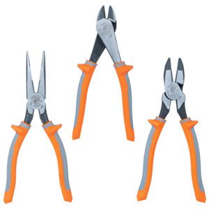 Three types of pliers with orange handles.