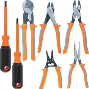Set of orange-handled pliers and screwdrivers.
