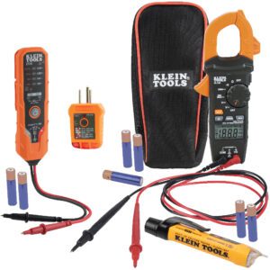 Multimeter kit with tools and batteries.