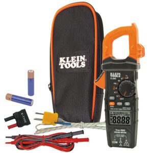 Klein Tools clamp meter with accessories.
