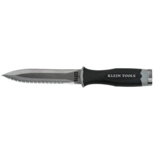 Serrated knife with black handle.