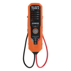 Orange digital voltage tester with black, red leads.